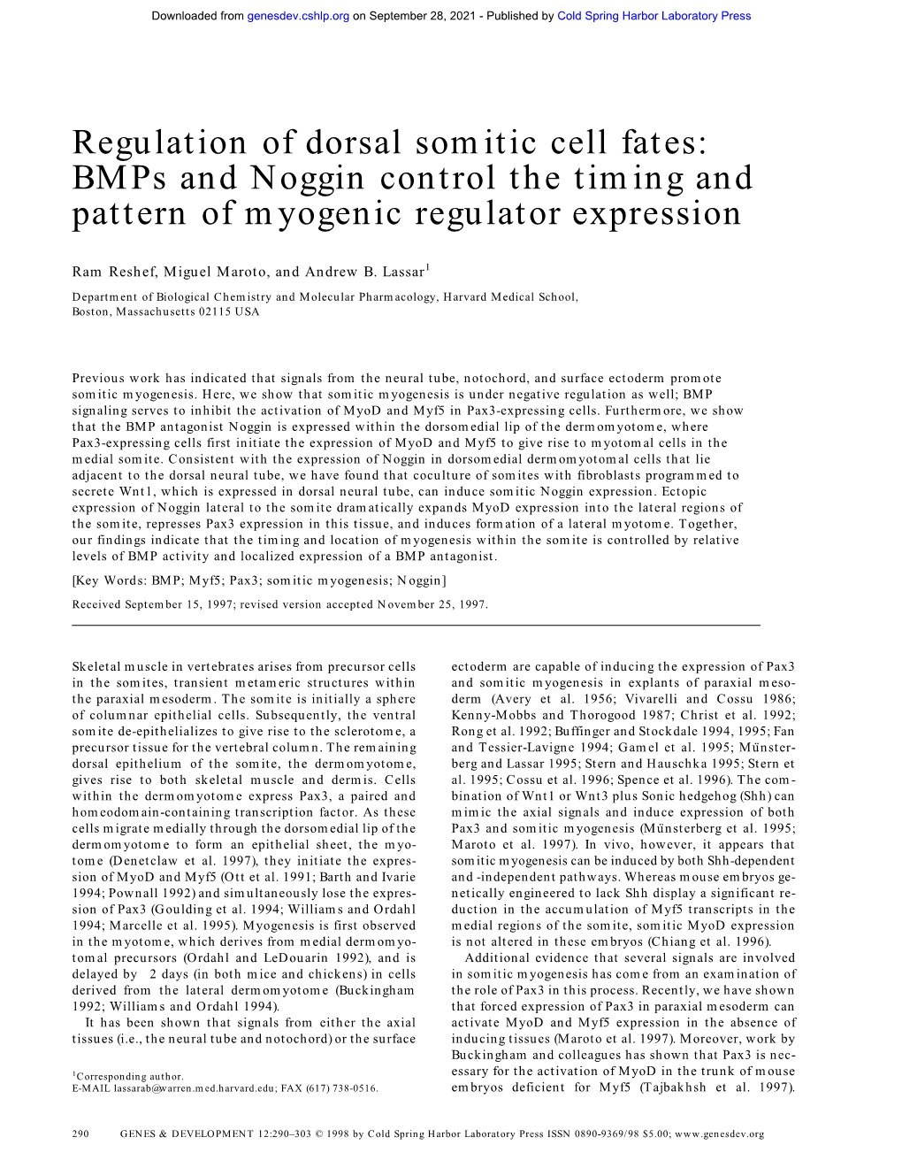 Regulation of Dorsal Somitic Cell Fates: Bmps and Noggin Control the Timing and Pattern of Myogenic Regulator Expression