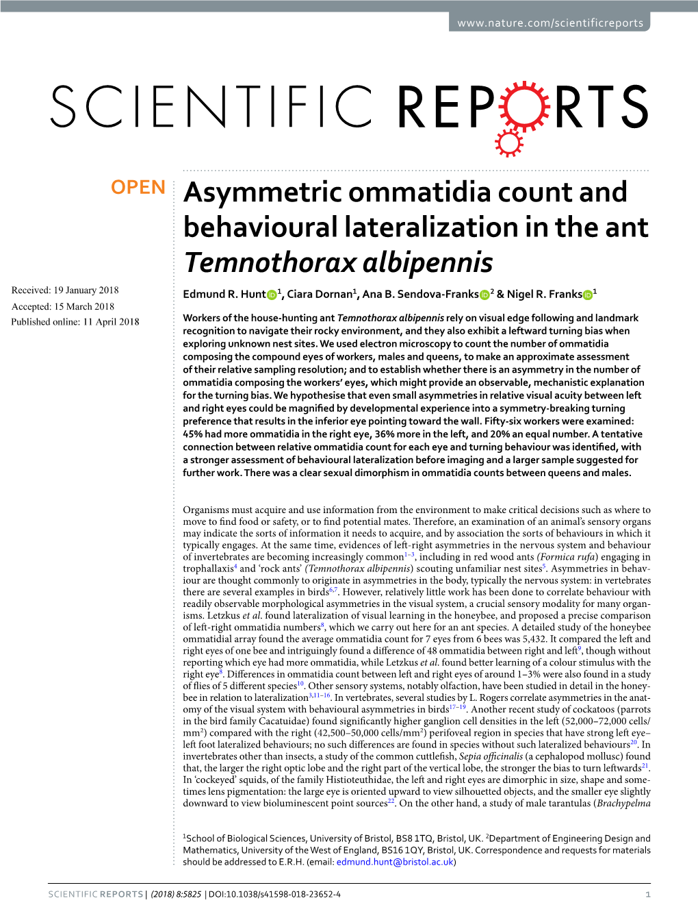 Asymmetric Ommatidia Count and Behavioural Lateralization in the Ant Temnothorax Albipennis Received: 19 January 2018 Edmund R