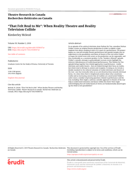 When Reality Theatre and Reality Television Collide Kimberley Mcleod