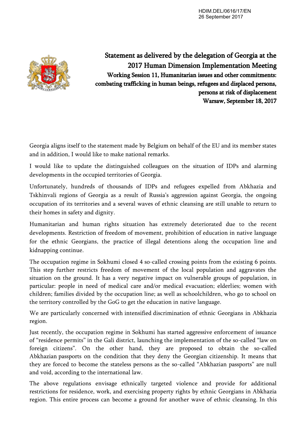 Statement As Delivered by the Delegation of Georgia at the 2017 Human Dimension Implementation Meeting