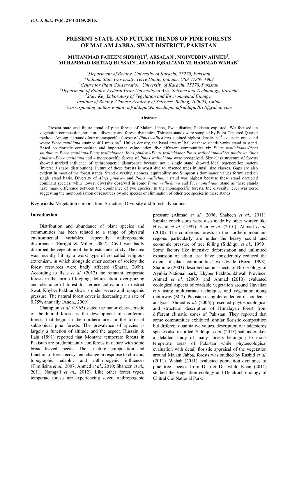 Present State and Future Trends of Pine Forests of Malam Jabba, Swat District, Pakistan