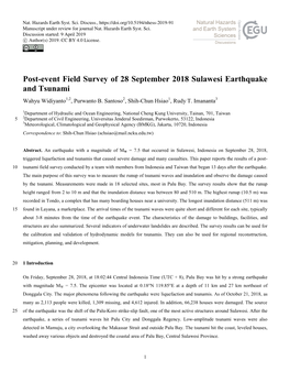 Post-Event Field Survey of 28 September 2018 Sulawesi Earthquake and Tsunami Wahyu Widiyanto1,2, Purwanto B