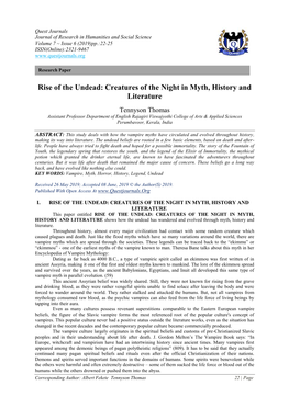 Rise of the Undead: Creatures of the Night in Myth, History and Literature