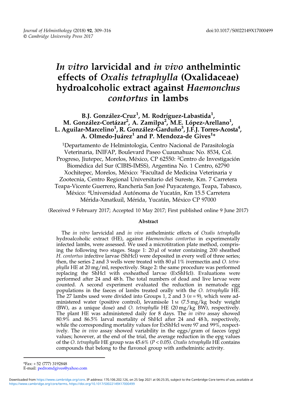 Oxalis Tetraphylla (Oxalidaceae) Hydroalcoholic Extract Against Haemonchus Contortus in Lambs