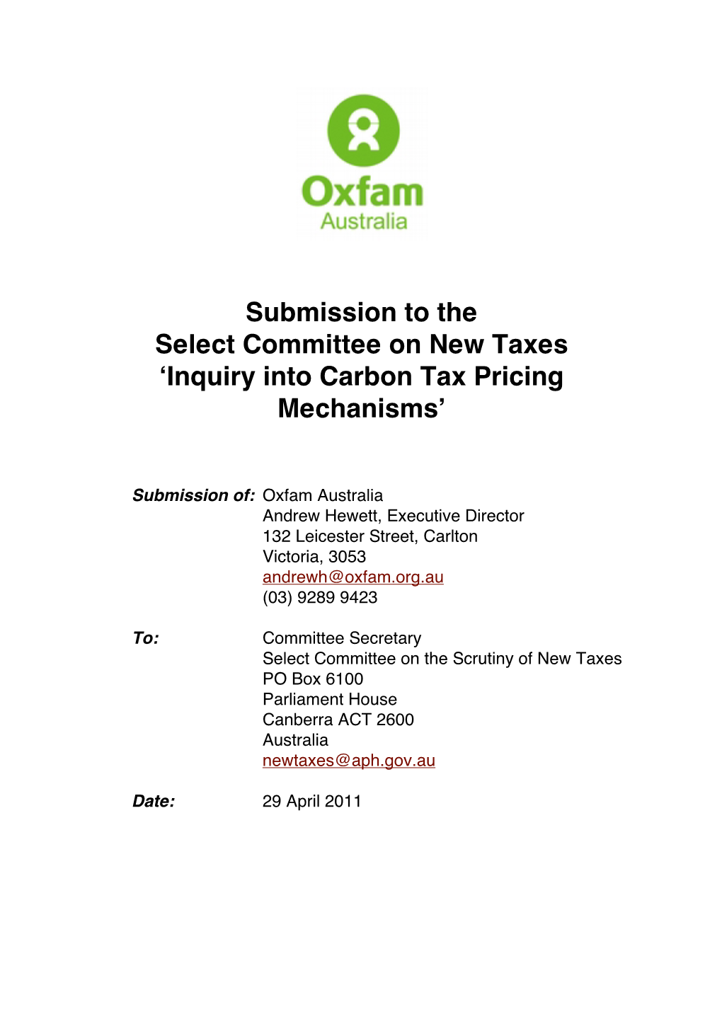 Submission to the Select Committee on New Taxes ʻinquiry Into Carbon Tax Pricing Mechanismsʼ