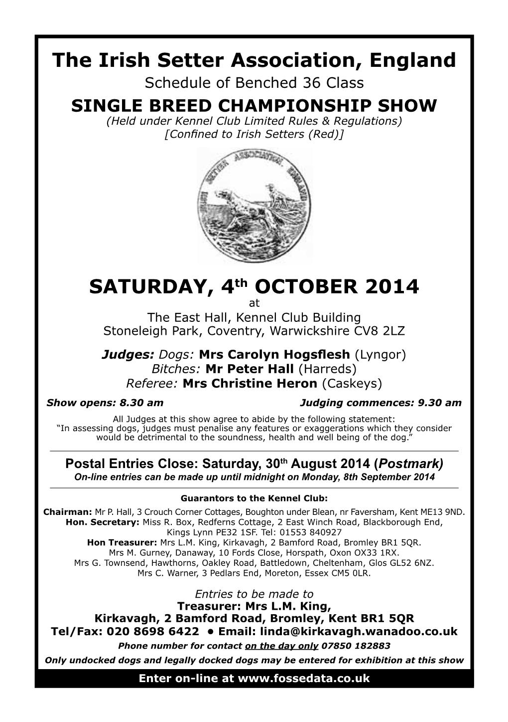 The Irish Setter Association, England SATURDAY, 4Th OCTOBER 2014