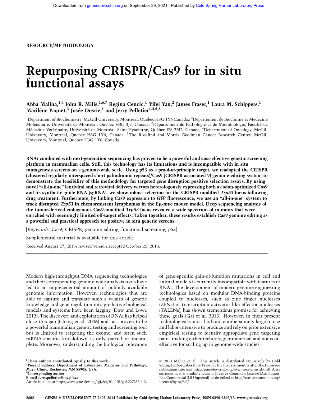 Repurposing CRISPR/Cas9 for in Situ Functional Assays