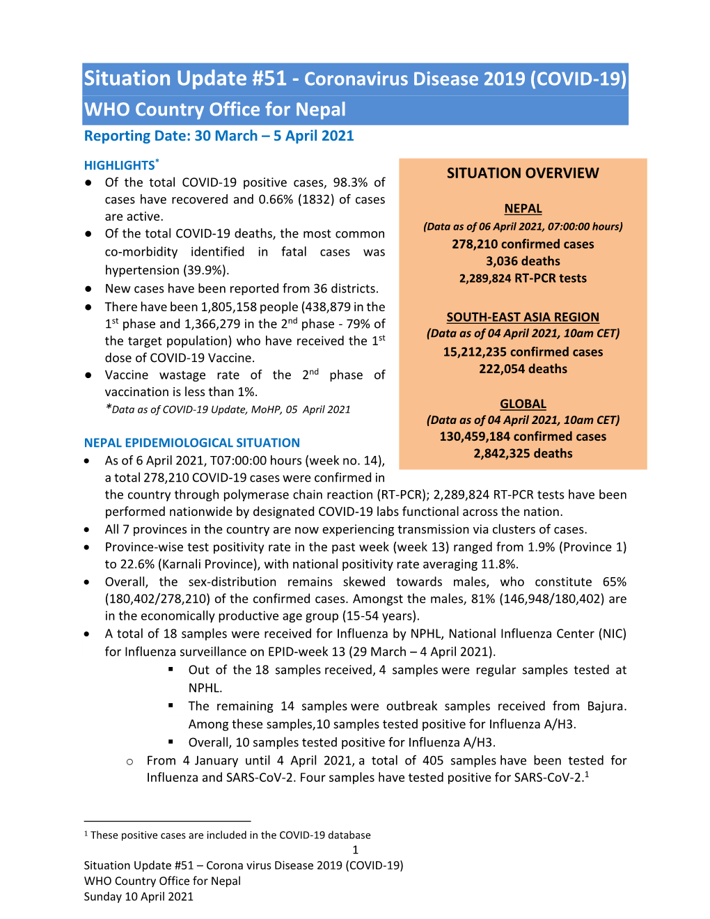 Situation Update #51 - Coronavirus Disease 2019 (COVID-19) WHO Country Office for Nepal Reporting Date: 30 March – 5 April 2021