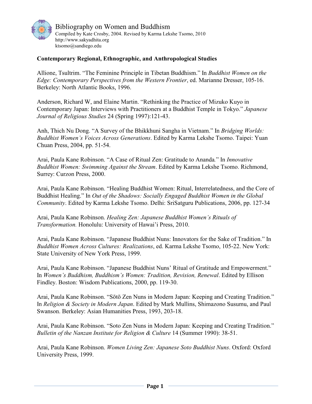 Bibliography on Women and Buddhism Compiled by Kate Crosby, 2004