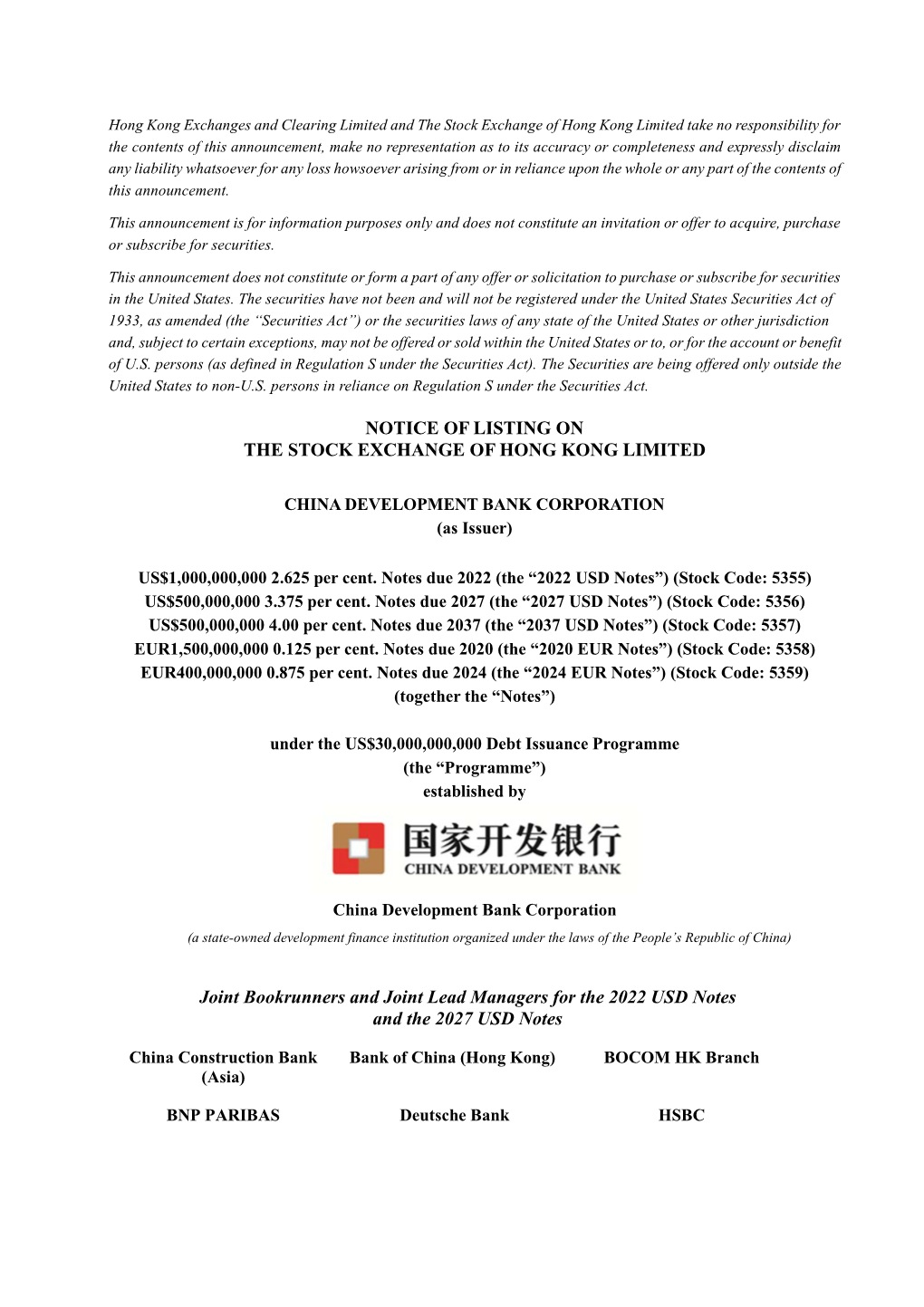 Notice of Listing on the Stock Exchange of Hong Kong Limited $4 Billion Equ