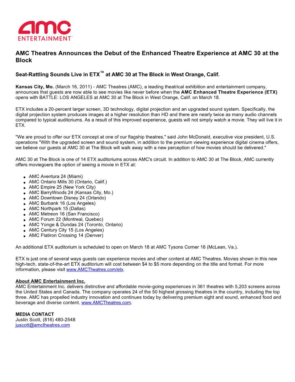 AMC Theatres Announces the Debut of the Enhanced Theatre Experience at AMC 30 at the Block