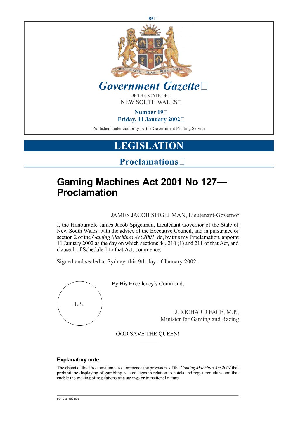 Government Gazette No 2 of 11 January 2002