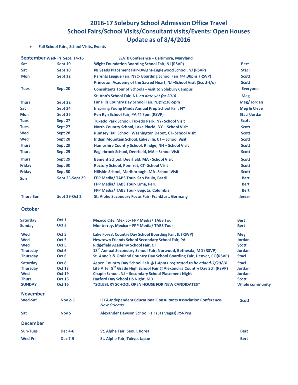 2016-17 Solebury School Admission Office Travel School Fairs/School