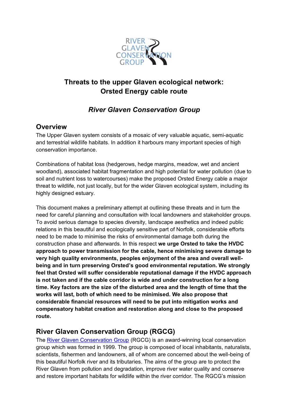 Threats to the Upper Glaven Ecological Network: Orsted Energy Cable Route