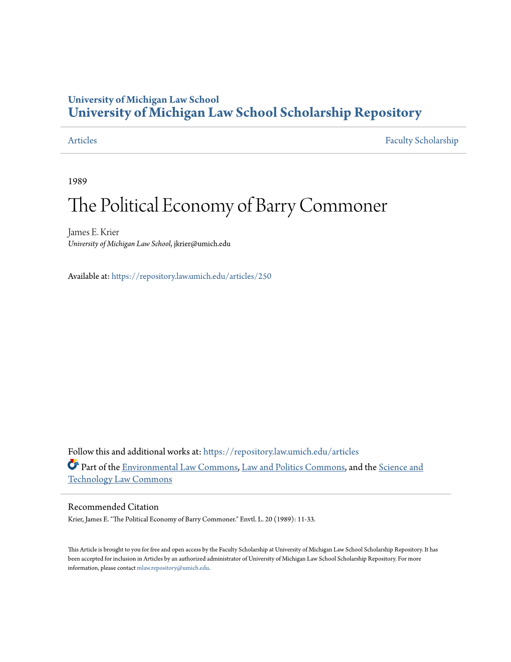 THE POLITICAL ECONOMY of BARRY COMMONER by JAMES E