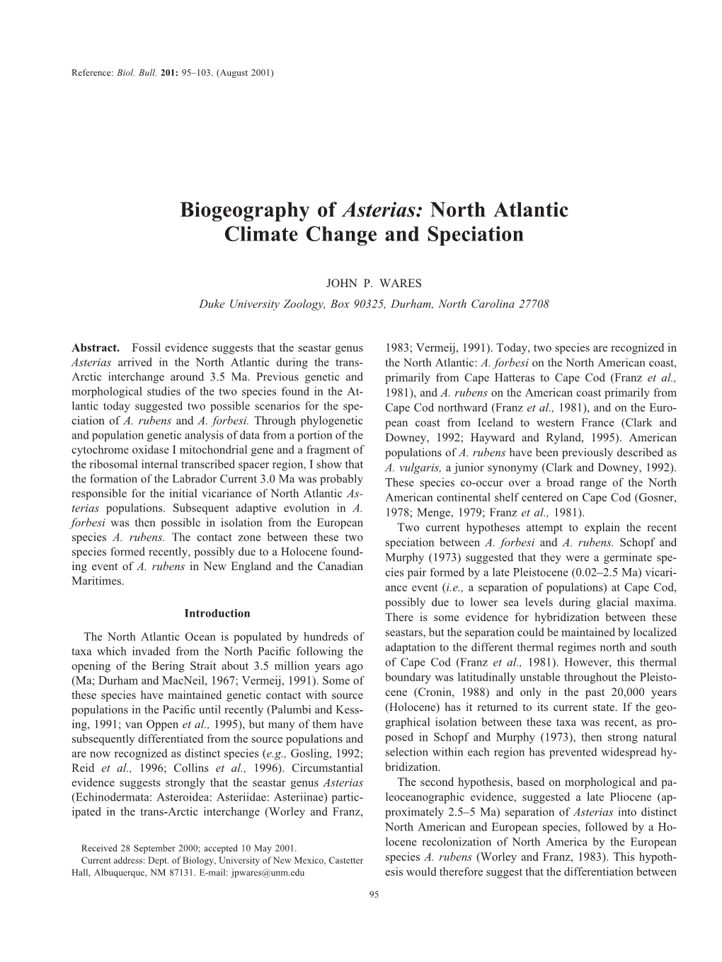 Biogeography of Asterias: North Atlantic Climate Change and Speciation