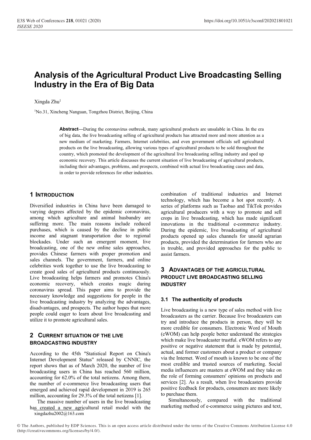 Analysis of the Agricultural Product Live Broadcasting Selling Industry in the Era of Big Data