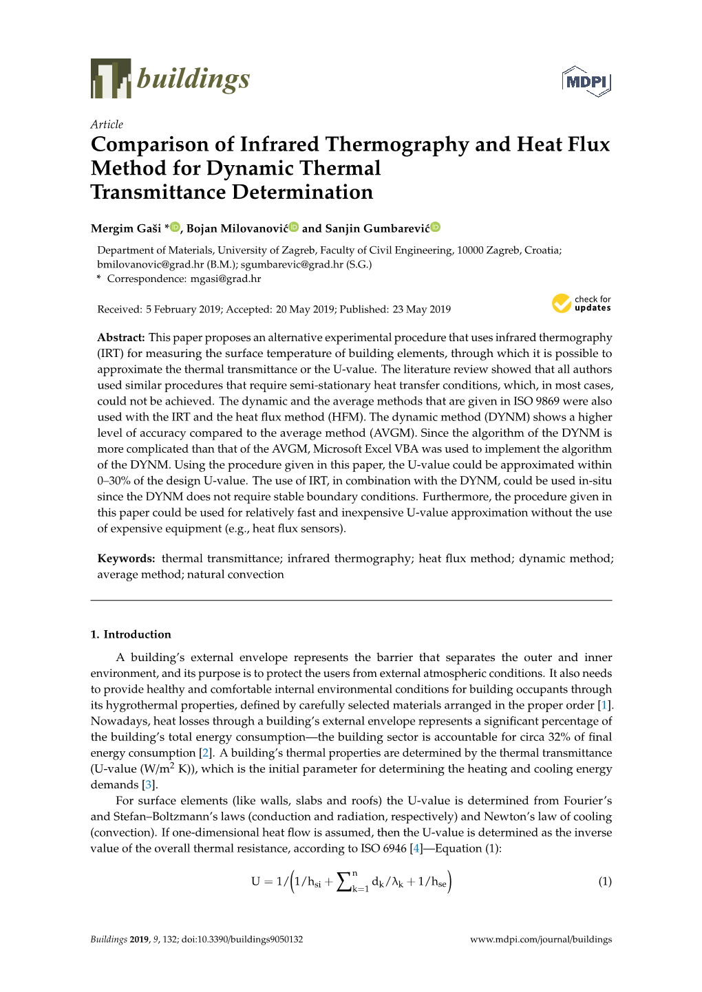 Comparison of Infrared Thermography and Heat Flux Method for Dynamic Thermal Transmittance Determination