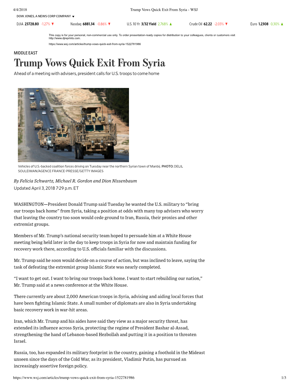 Trump Vows Quick Exit from Syria - WSJ DOW JONES, a NEWS CORP COMPANY