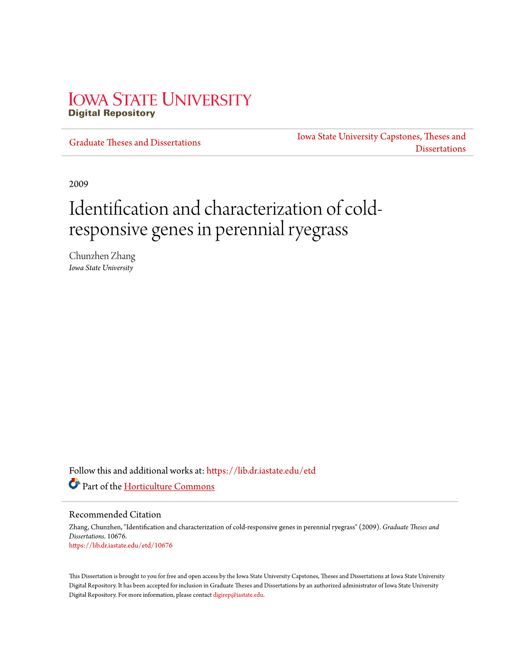 Identification and Characterization of Cold-Responsive Genes in Perennial Ryegrass