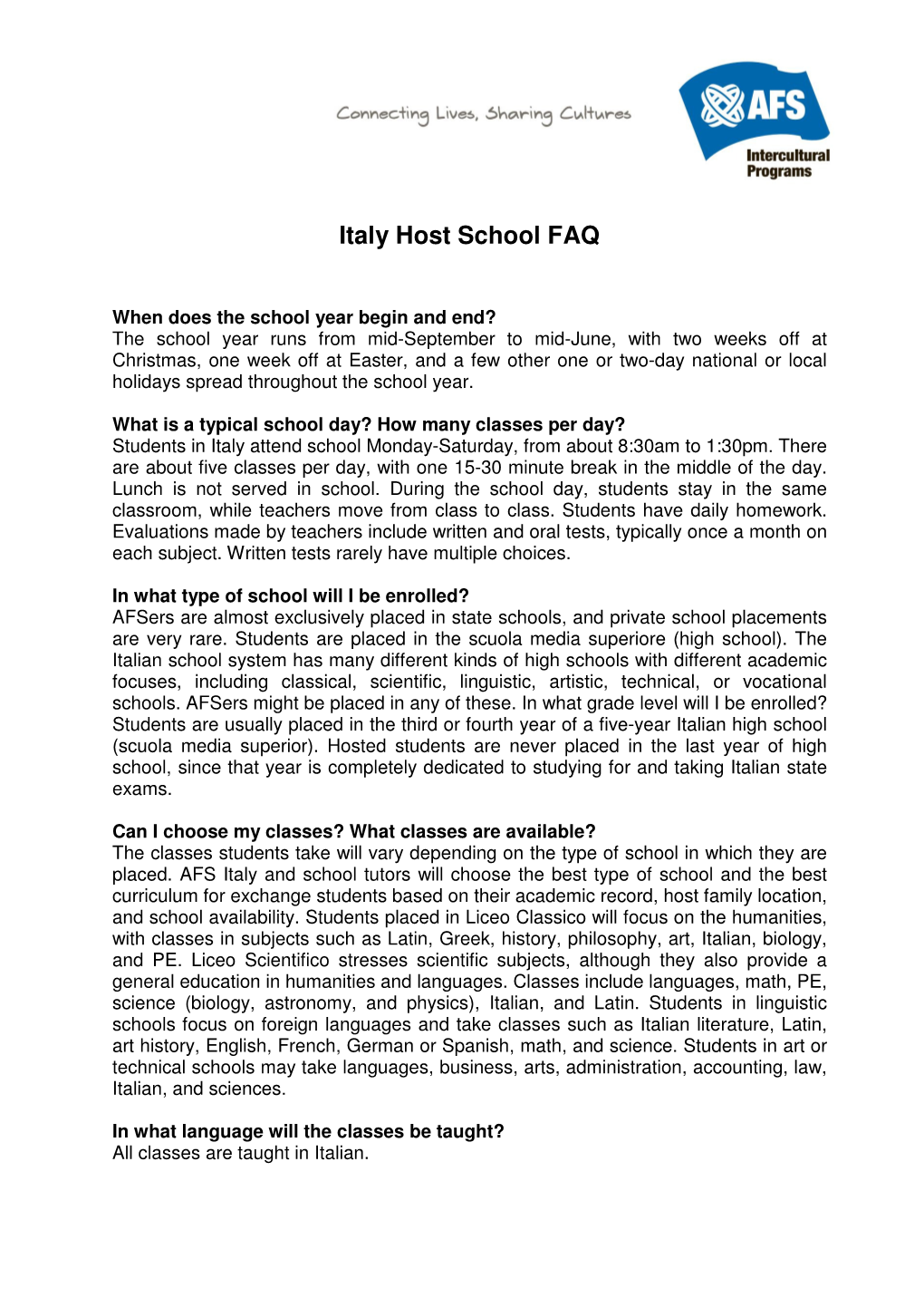 Italy Host School FAQ