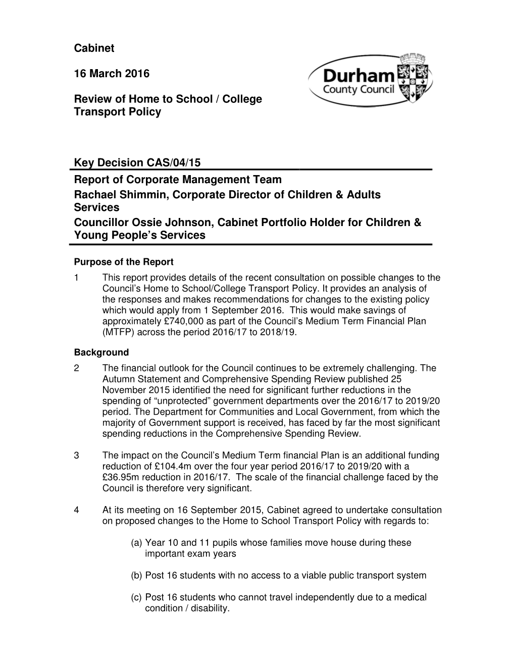 Cabinet 16 March 2016 Review of Home to School / College Transport