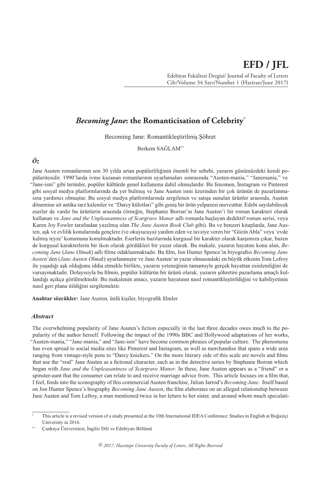 EFD / JFL Edebiyat Fakültesi Dergisi/ Journal of Faculty of Letters Cilt/Volume 34 Sayı/Number 1 (Haziran/June 2017)