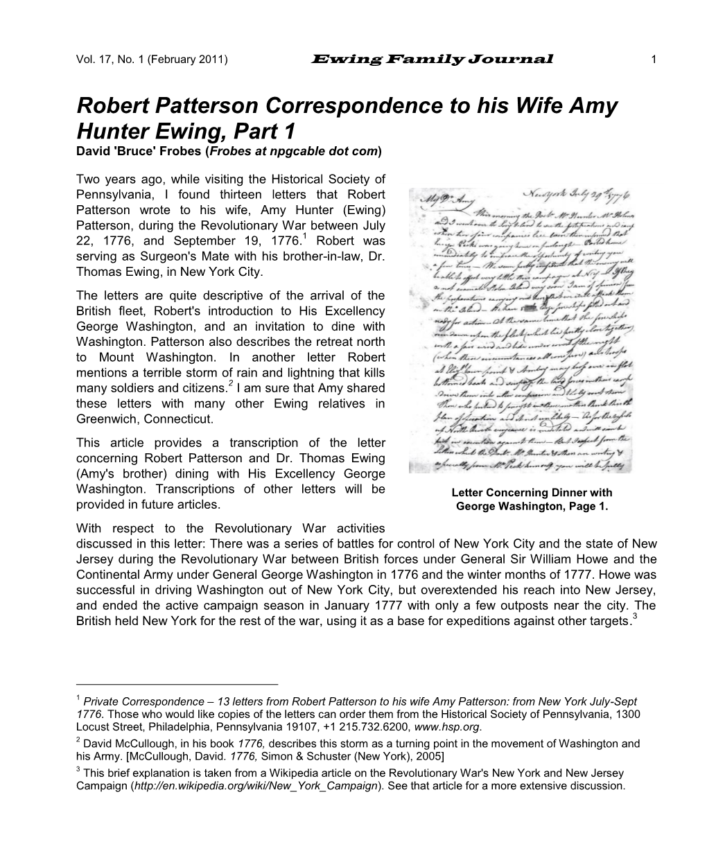 Robert Patterson Correspondence to His Wife Amy Hunter Ewing, Part 1 David 'Bruce' Frobes (Frobes at Npgcable Dot Com)