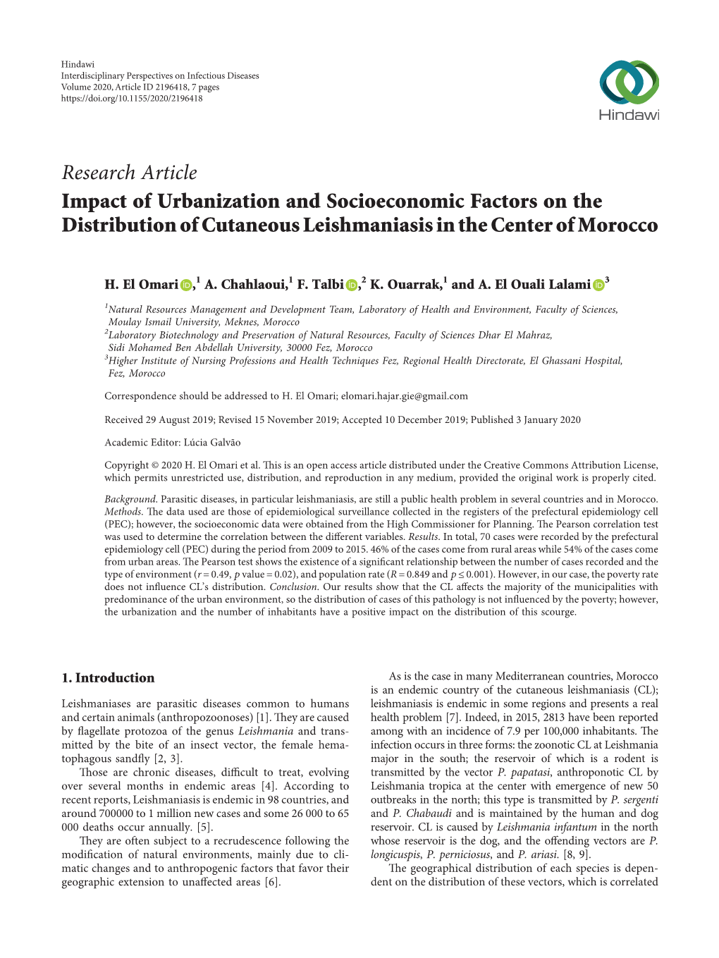 Impact of Urbanization and Socioeconomic Factors on the Distribution of Cutaneous Leishmaniasis in the Center of Morocco