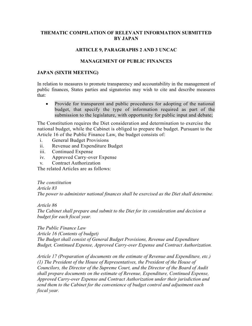 Thematic Compilation of Relevant Information Submitted by Japan Article 9, Paragraphs 2 and 3 Uncac Management of Public Finance