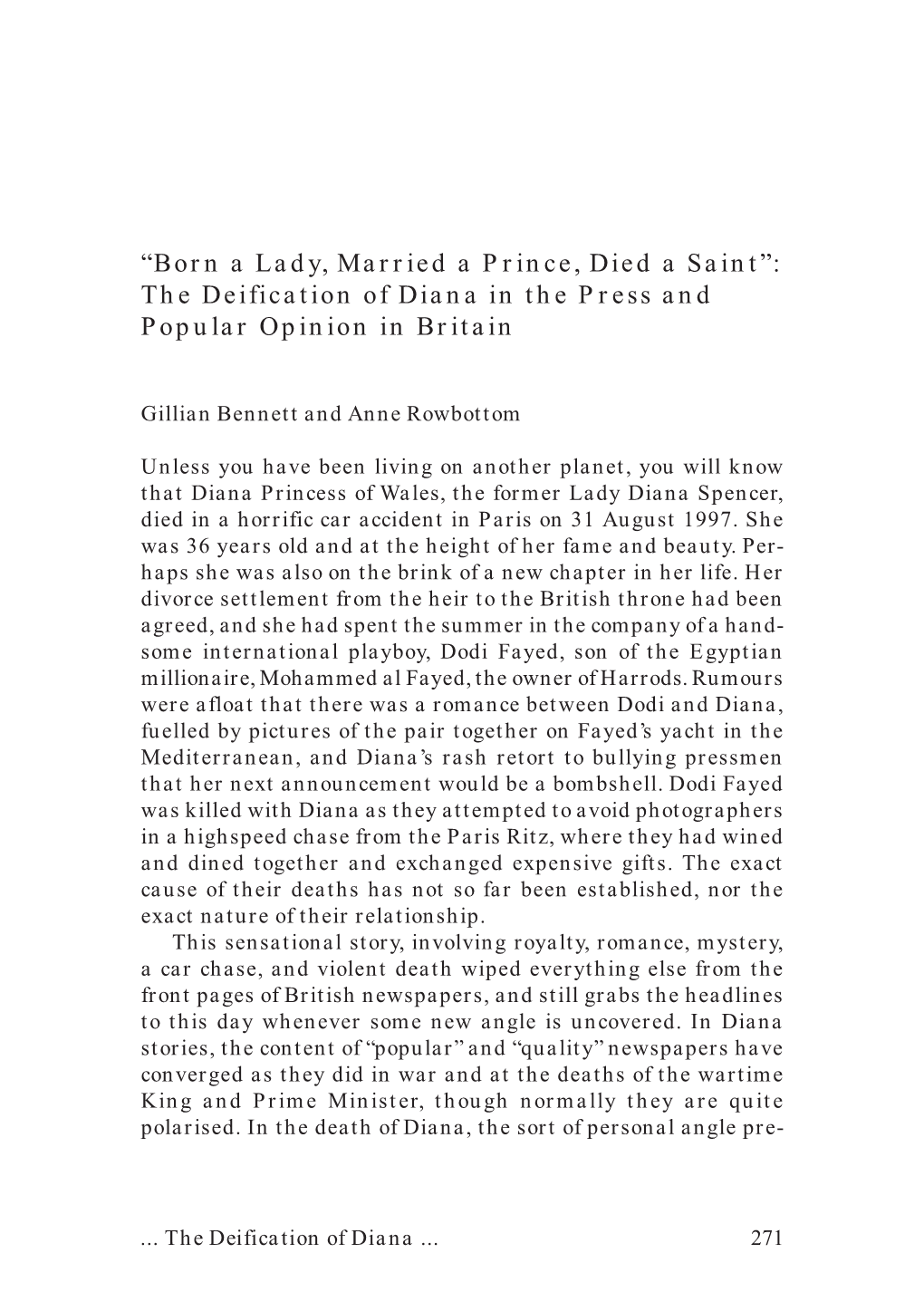 “Born a Lady, Married a Prince, Died a Saint”: the Deification of Diana in the Press and Popular Opinion in Britain