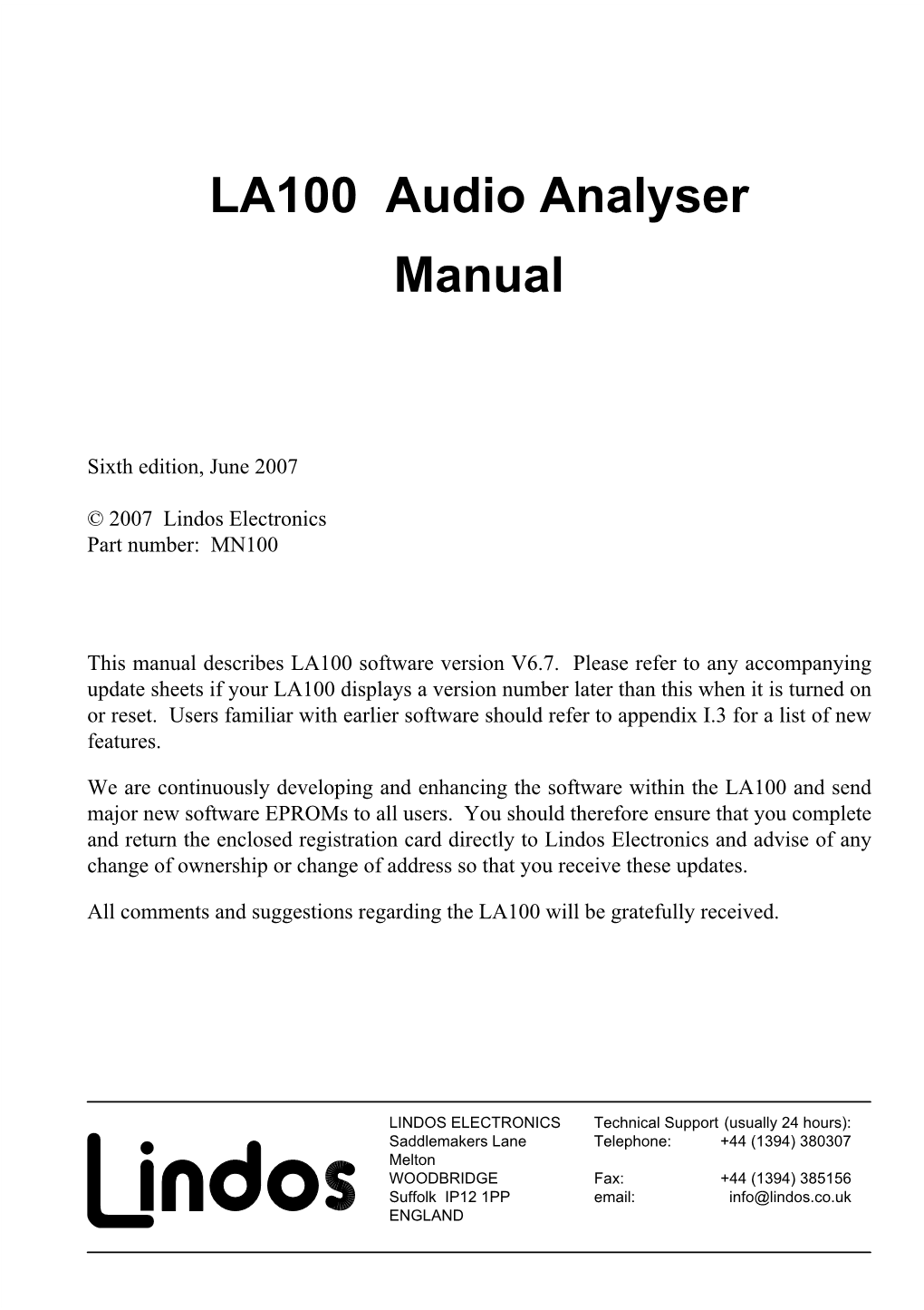 LA100 Audio Analyser Manual