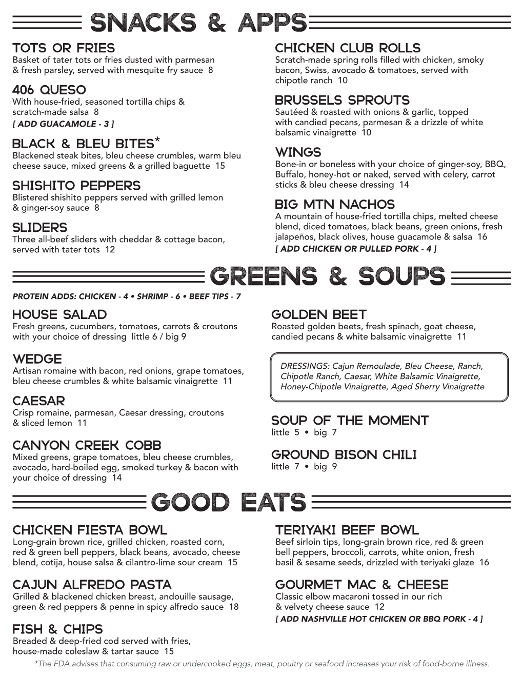 GREENS & Soups Snacks & Apps Good Eats