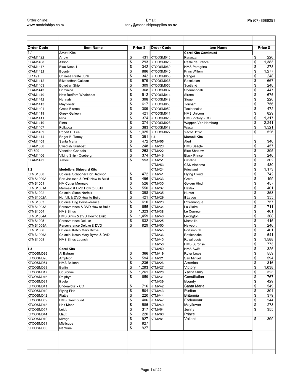 Model Ships Price List January 1 2012