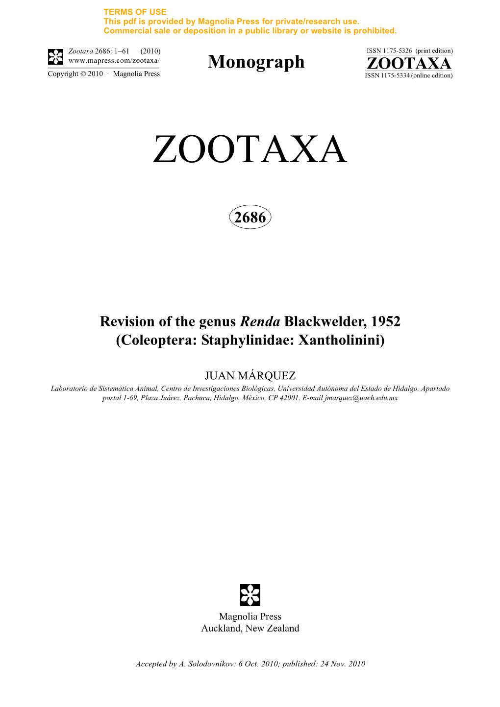Revision of the Genus Renda Blackwelder, 1952 (Coleoptera: Staphylinidae: Xantholinini)