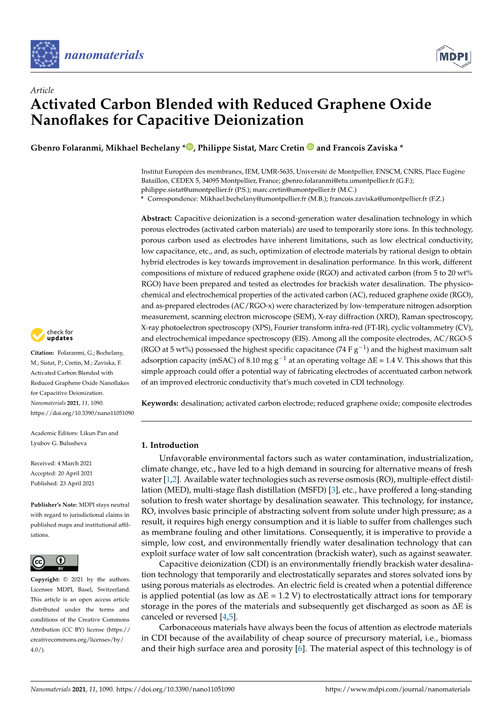 Activated Carbon Blended with Reduced Graphene Oxide Nanoﬂakes for Capacitive Deionization