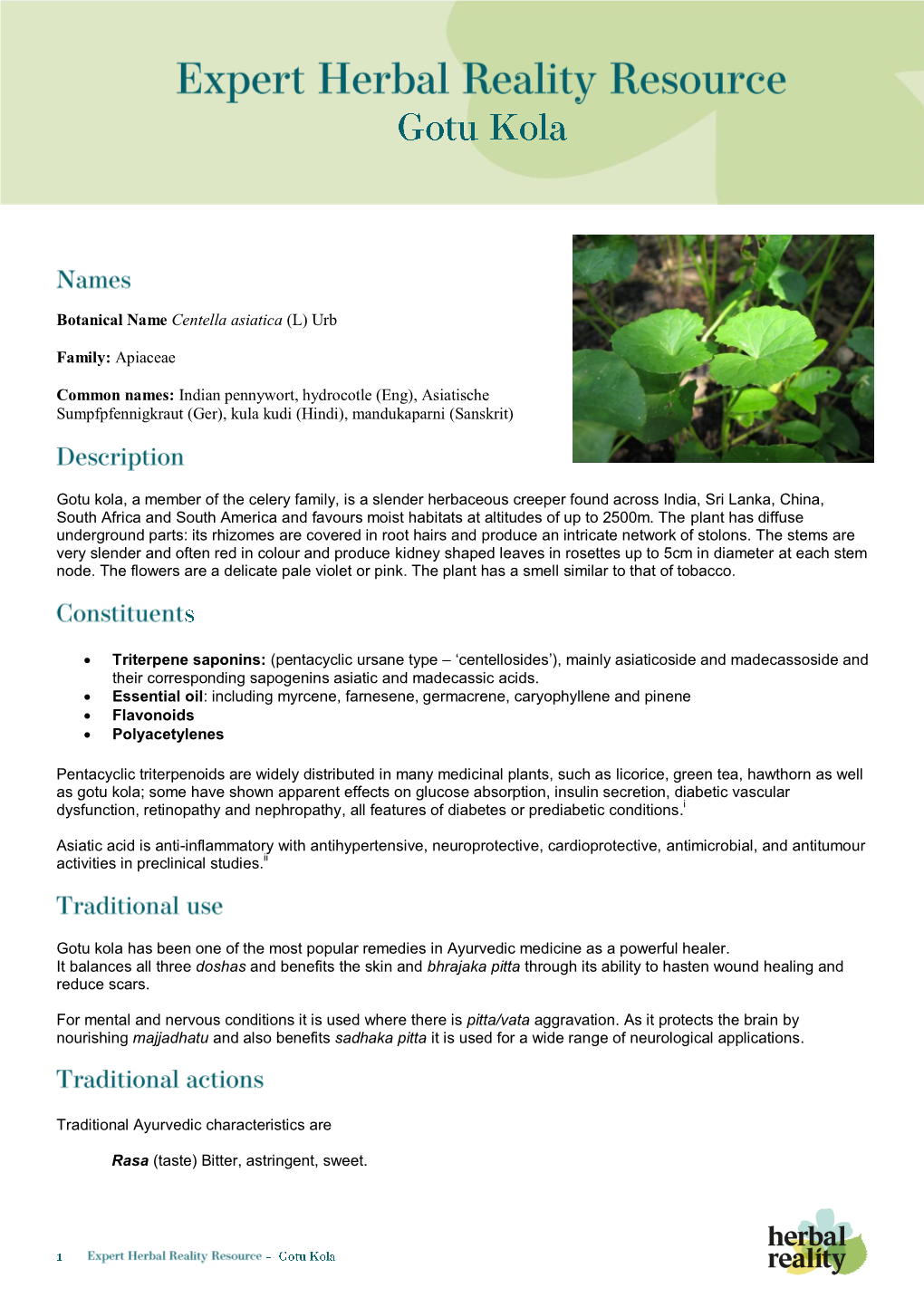 Botanical Name Centella Asiatica (L) Urb Family: Apiaceae Common
