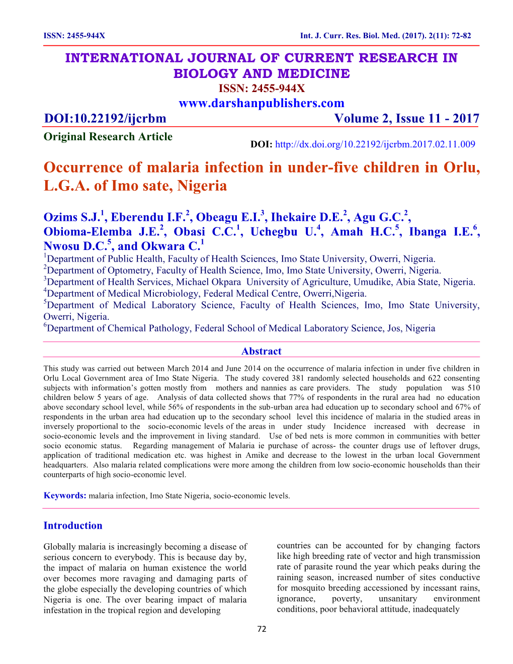 Occurrence of Malaria Infection in Under-Five Children in Orlu, L.G.A. of Imo Sate, Nigeria