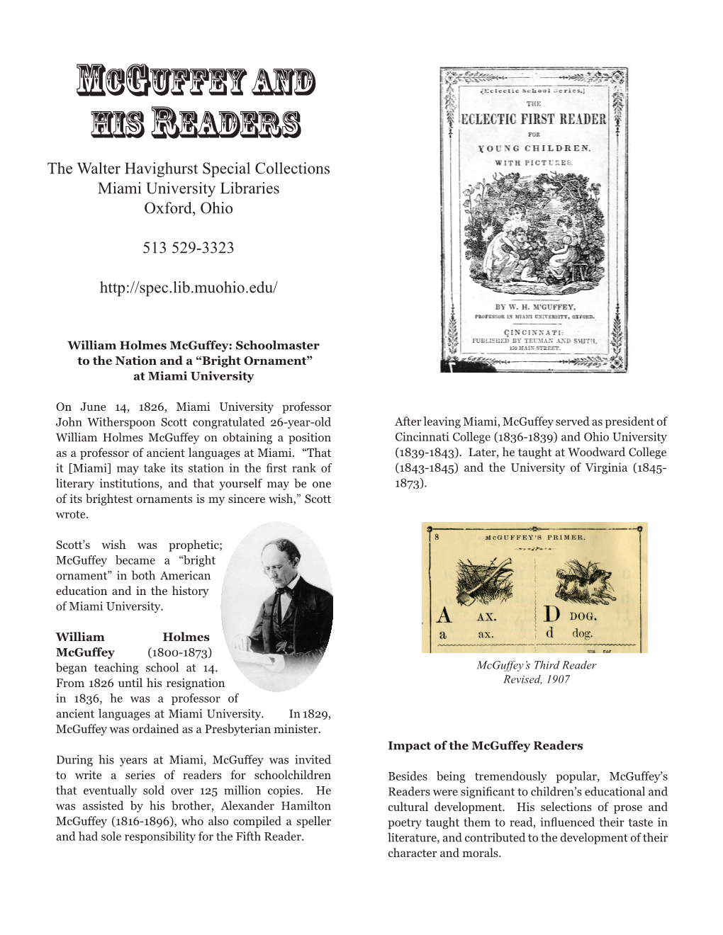 Mcguffey and His Readers the Walter Havighurst Special Collections Miami University Libraries Oxford, Ohio