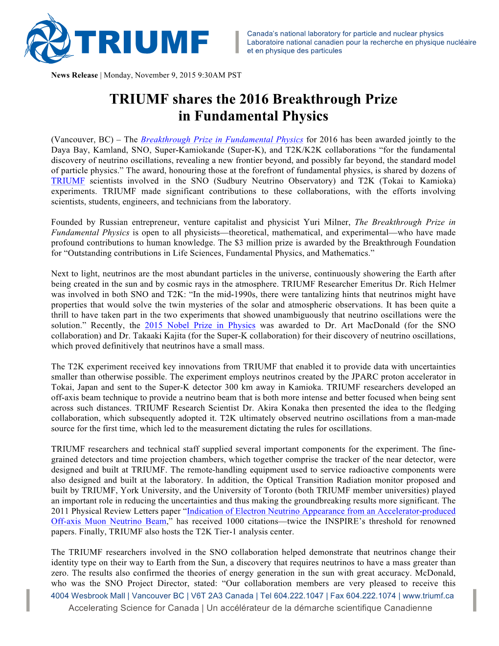 TRIUMF Shares the 2016 Breakthrough Prize in Fundamental Physics