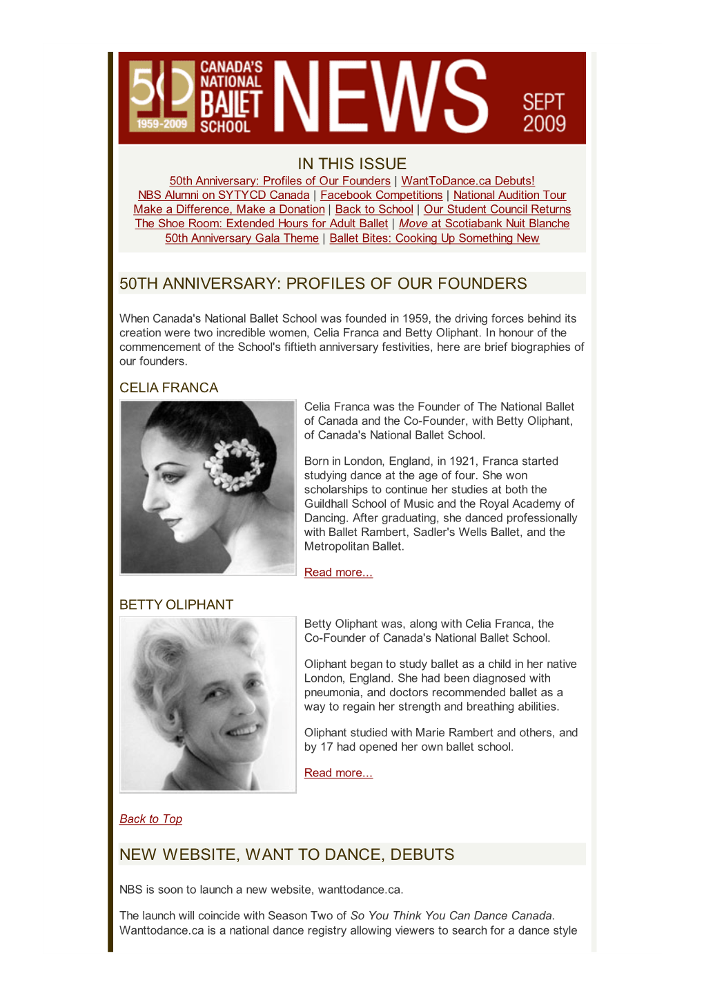 In This Issue 50Th Anniversary: Profiles of Our Founders New Website, Want to Dance, Debuts