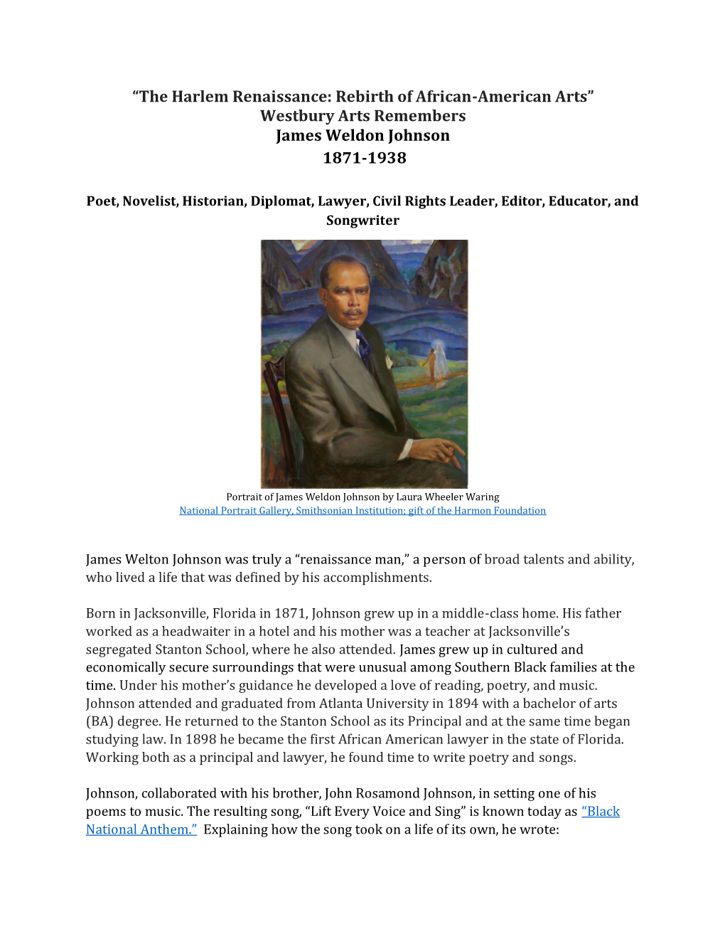 “The Harlem Renaissance: Rebirth of African-American Arts” Westbury Arts Remembers James Weldon Johnson 1871-1938