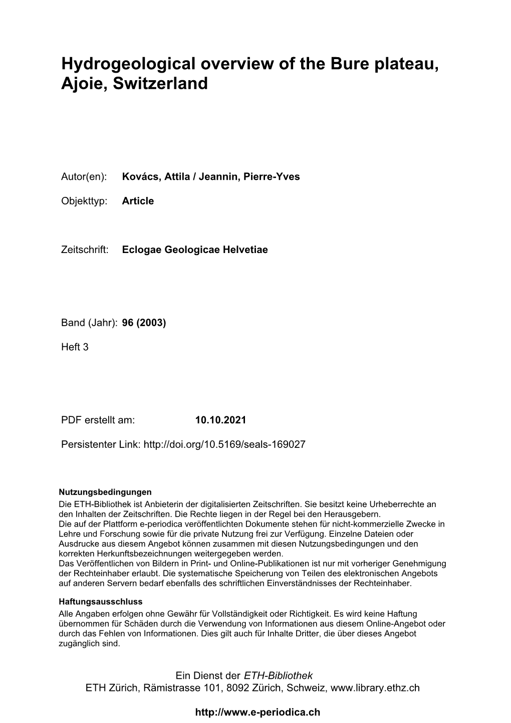 Hydrogeological Overview of the Bure Plateau, Ajoie, Switzerland