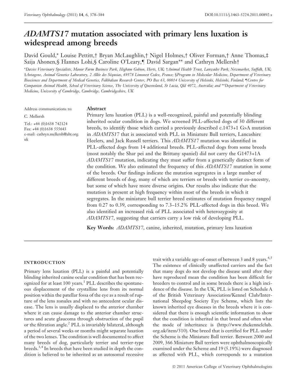 ADAMTS17 Mutation Associated with Primary Lens Luxation Is Widespread Among Breeds