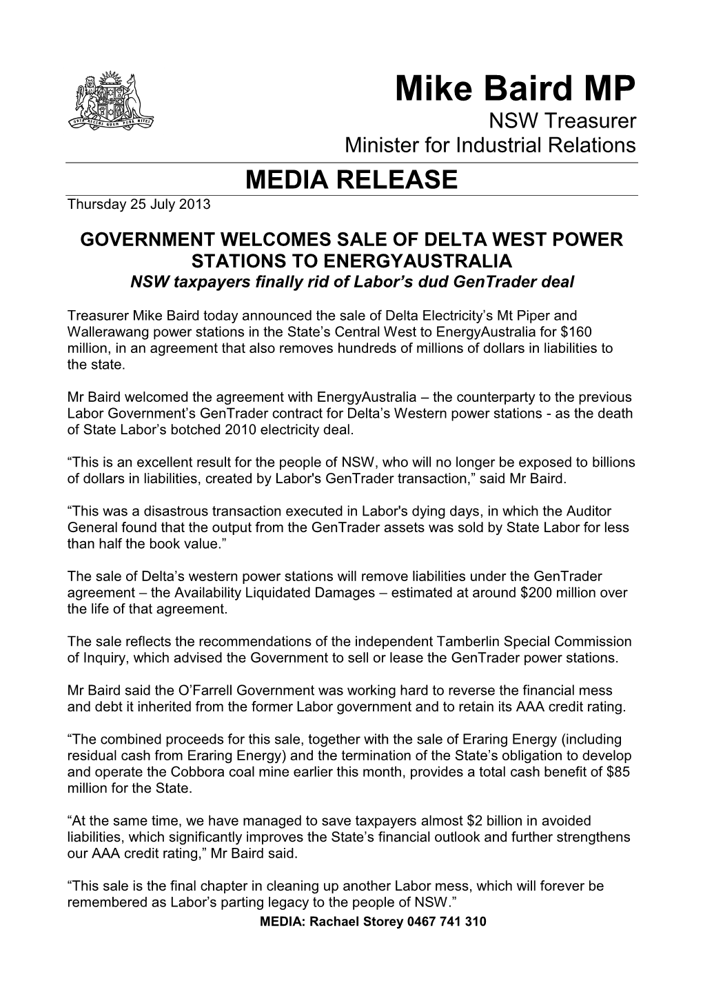 GOVERNMENT WELCOMES SALE of DELTA WEST POWER STATIONS to ENERGYAUSTRALIA NSW Taxpayers Finally Rid of Labor’S Dud Gentrader Deal