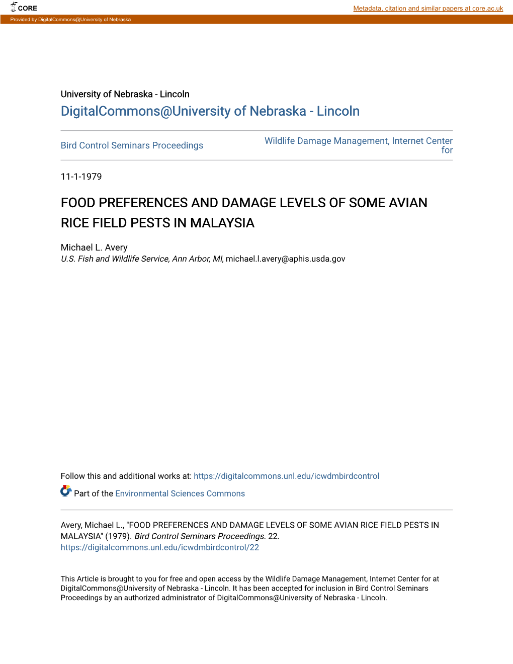 Food Preferences and Damage Levels of Some Avian Rice Field Pests in Malaysia