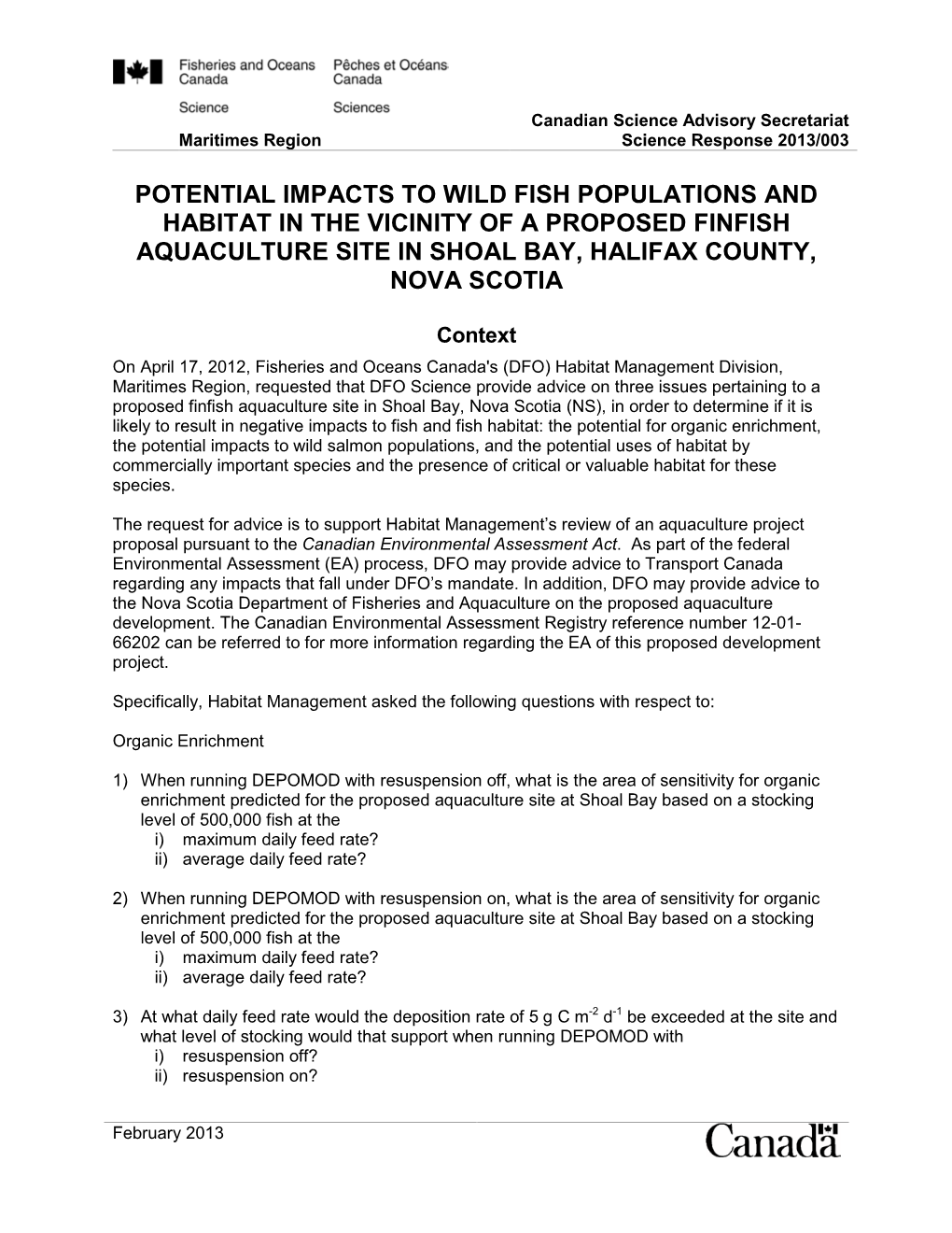 Potential Impacts to Wild Fish Populations and Habitat in the Vicinity of a Proposed Finfish Aquaculture Site in Shoal Bay, Halifax County, Nova Scotia