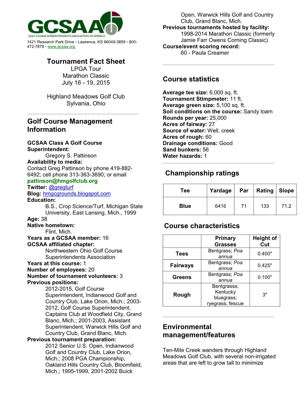 Tournament Fact Sheet Golf Course Management Information