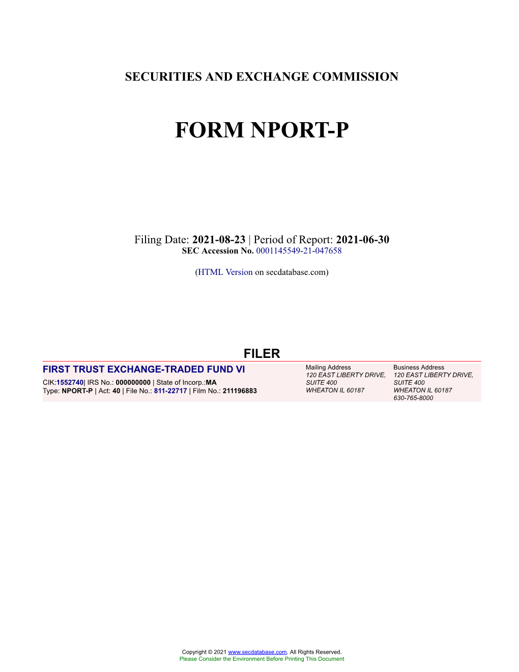 FIRST TRUST EXCHANGE-TRADED FUND VI Form NPORT-P Filed