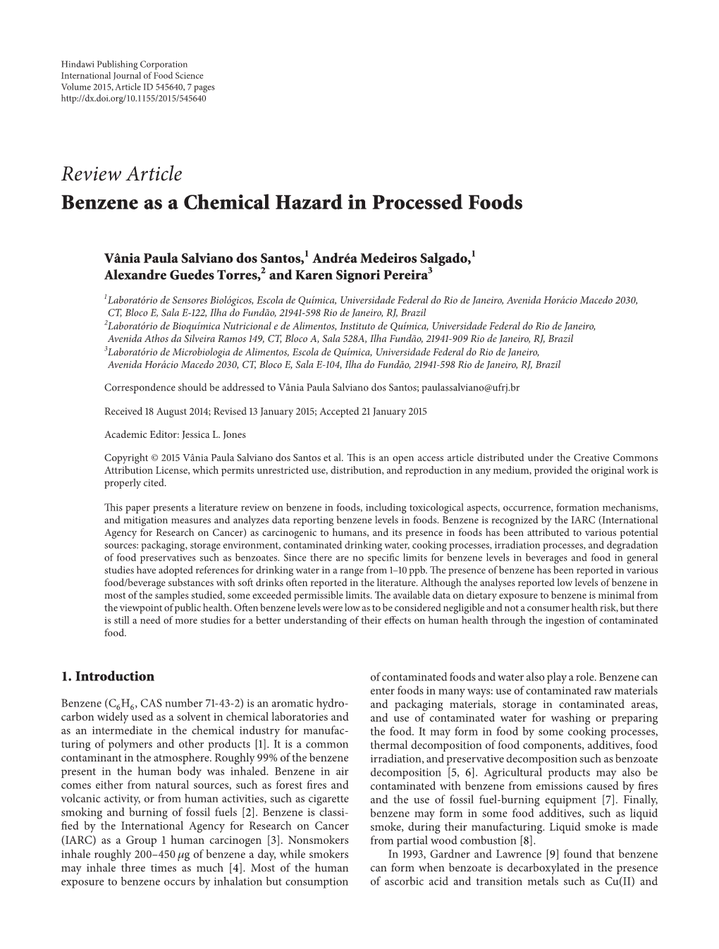 Benzene As a Chemical Hazard in Processed Foods